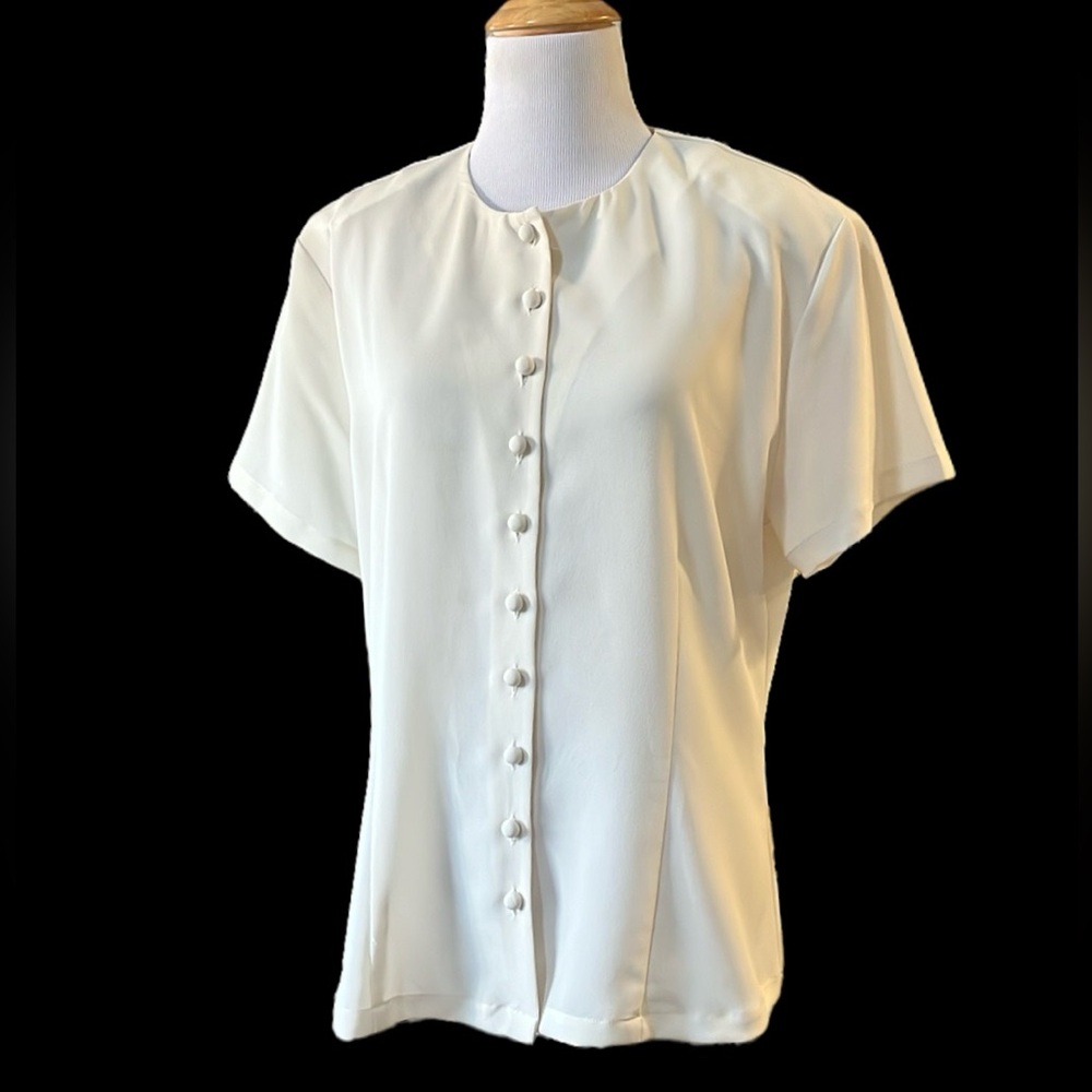 CHAUS VINTAGE SHORT SLEEVE FITTED COLLARLESS BLOUSE CREAM WHITE SIZE 12